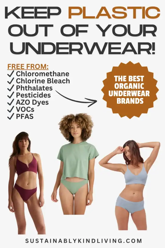 Text reading "keep plastic out of your underwear, the best organic underwear brands", showcasing 3 images of women wearing organic underwear.