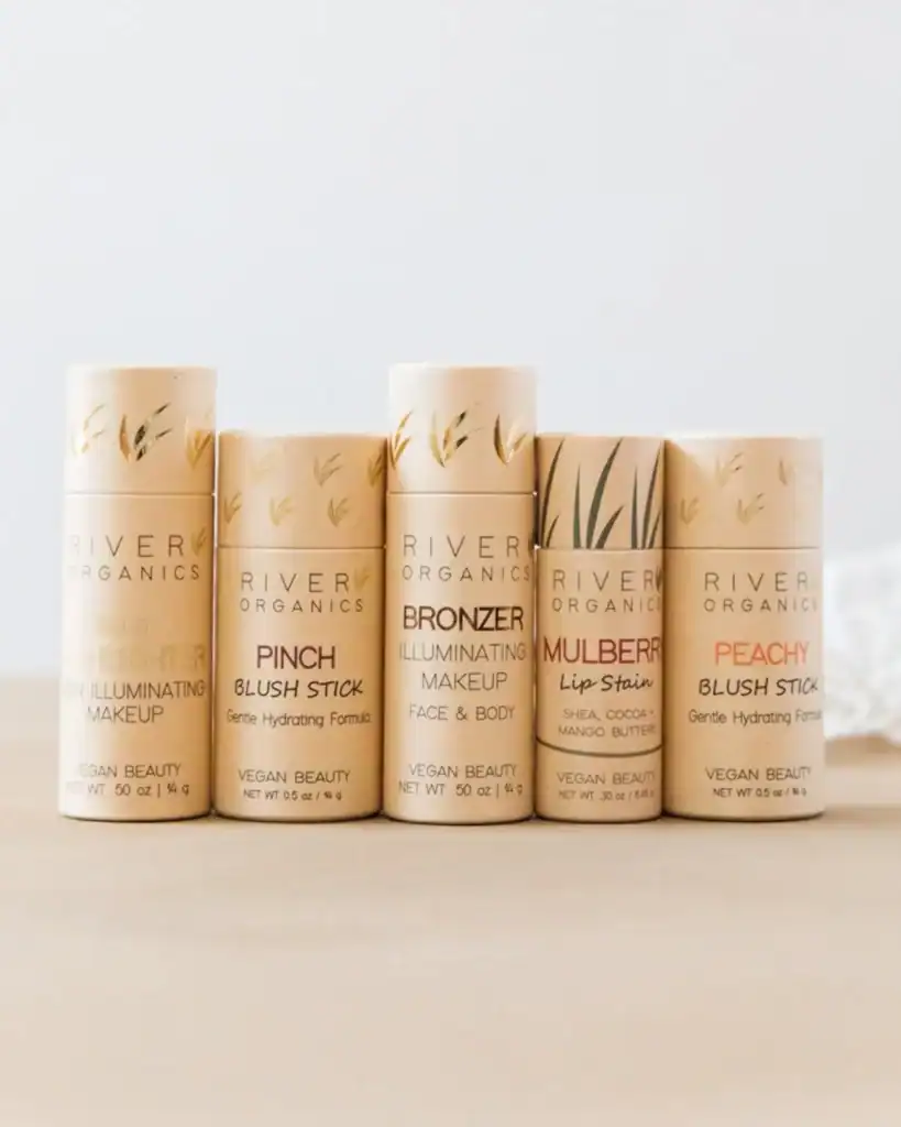 River Organics plastic-free makeup made with certified organic ingredients and compostable packaging.