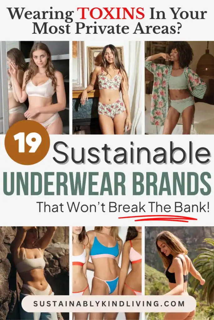 Text reading "Wearing toxins in your most private areas?, 19 sustainable underwear brands that won't break the bank", showcasing 6 images of women wearing affordable sustainable underwear.