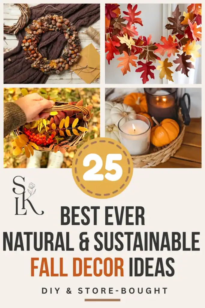 Text reading "25 best ever natural & sustainable fall decor ideas: DIY & store-bought", showcasing 4 images of sustainable fall decor.