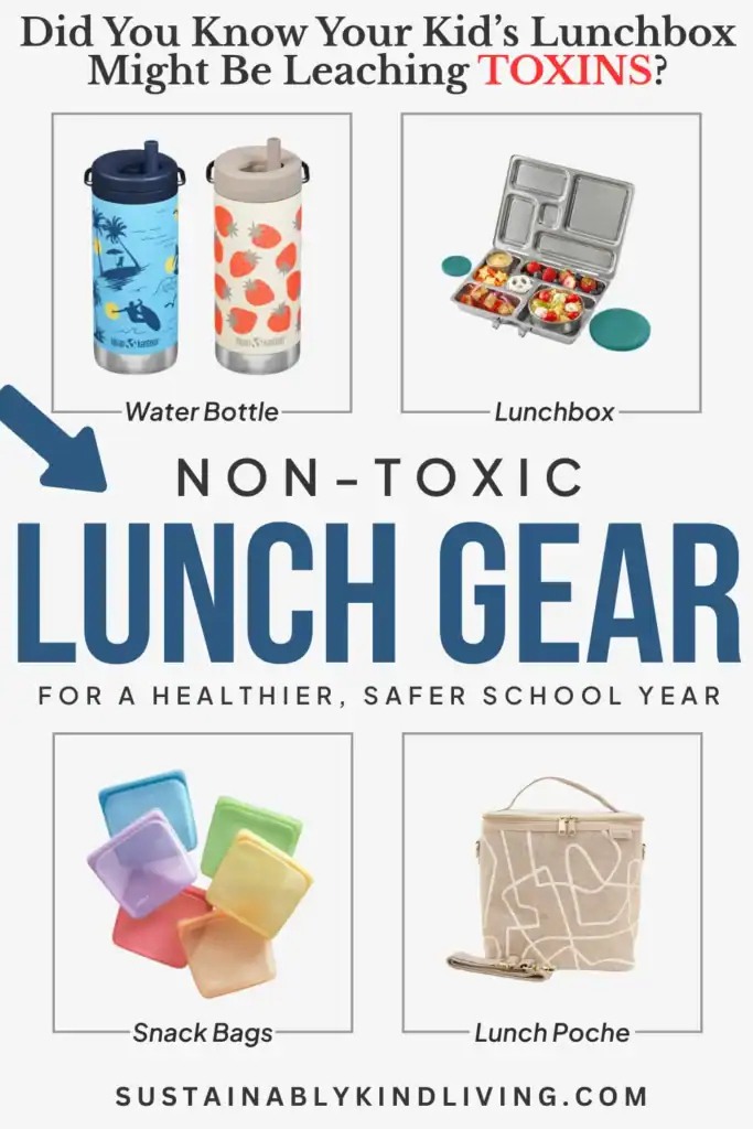 Text reading "Did you know your kid’s lunchbox might be leaching toxins? Non-toxic lunch gear for a healthier, safer school year", showcasing non-toxic lunch gear such as water bottles, lunchboxes and more.