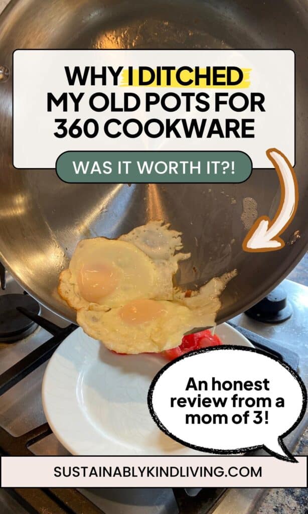 Text reading "Why I ditched my old pots for 360 Cookware, an honest review from a mom of 3", showcasing the 360 Cookware pan in action.