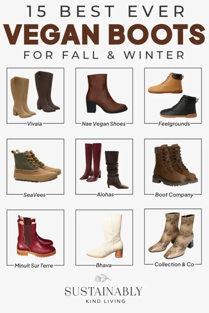 Text reading "15 best ever vegan boots for fall & winter", showcasing vegan leather boot brands such as Vivaia, Alohas, Bhava Studio and more.