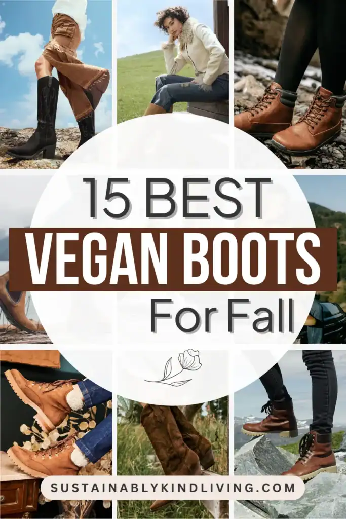 Text reading "15 best vegan boots for fall", showcasing 9 images of vegan leather boots.
