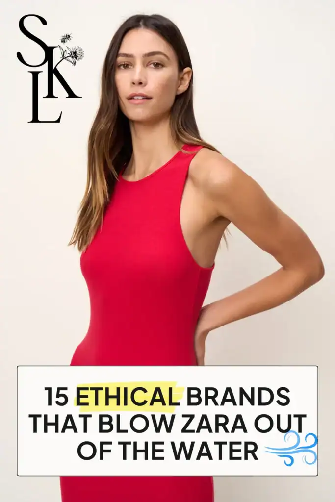 Text reading "15 ethical brands that blow Zara out of the water", showcasing 1 image of a women wearing a red dress.