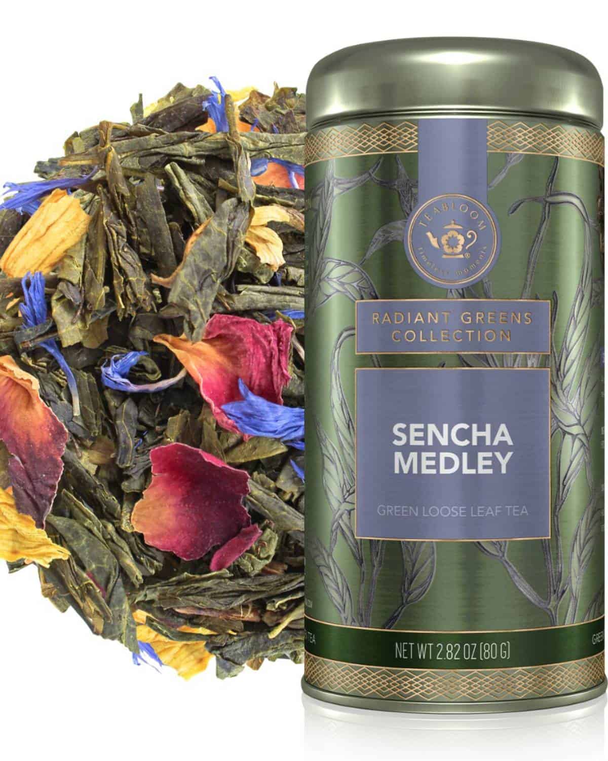 Loose leaf Gardenika herbal tea displayed in a wooden bowl with a rustic tea strainer, emphasizing small-batch organic blends and purity.