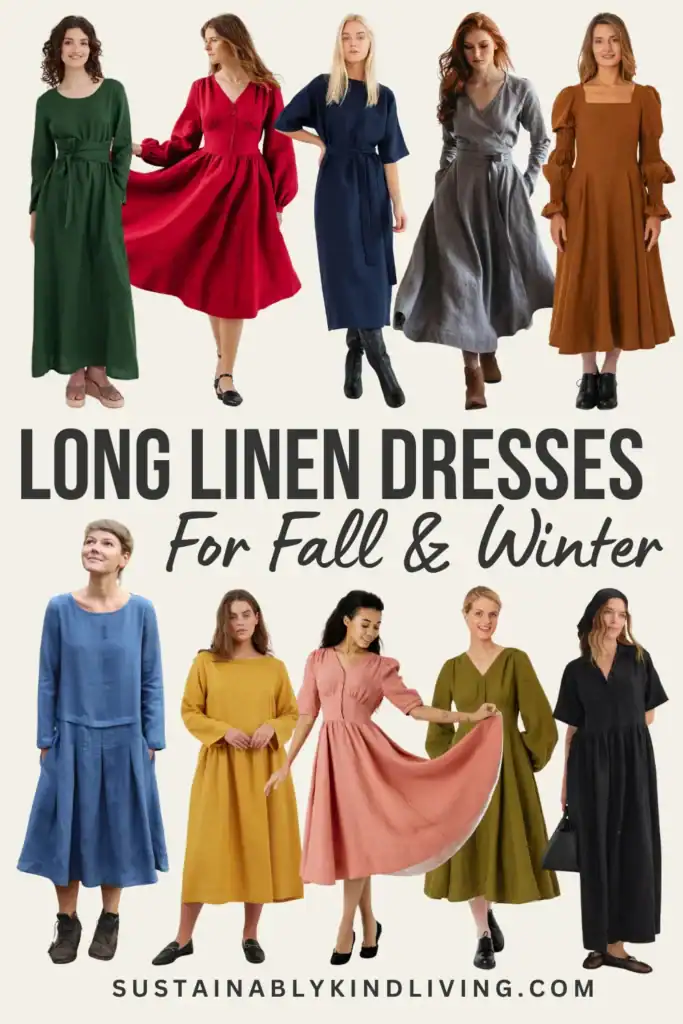 Text reading "long linen dresses for fall & winter", showcasing images of women wearing long linen dresses.