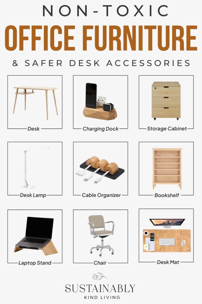 A visual guide showing non-toxic office furniture and desk accessories, including a wooden desk, charging dock, storage cabinet, desk lamp, cable organizer, bookshelf, laptop stand, ergonomic chair, and cork desk mat.