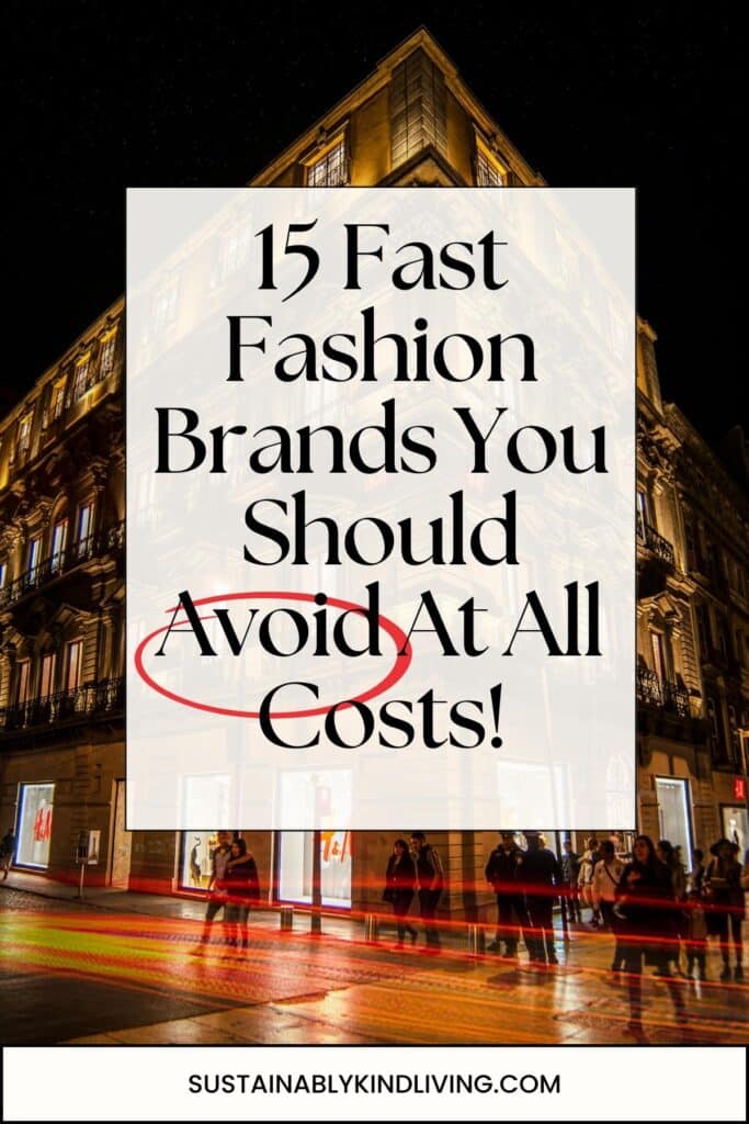 Text reading "15 Fast Fashion Brands You Should Avoid At All Costs", showcasing 1 image of an H&M store.
