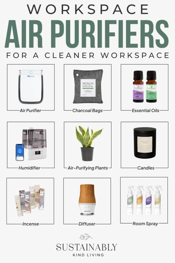 A visual guide to workspace air purifiers and fresheners for a cleaner office environment. Includes labeled images of an air purifier, charcoal bags, essential oils, humidifier, air-purifying plant, candle, incense, diffuser, and non-toxic room spray.