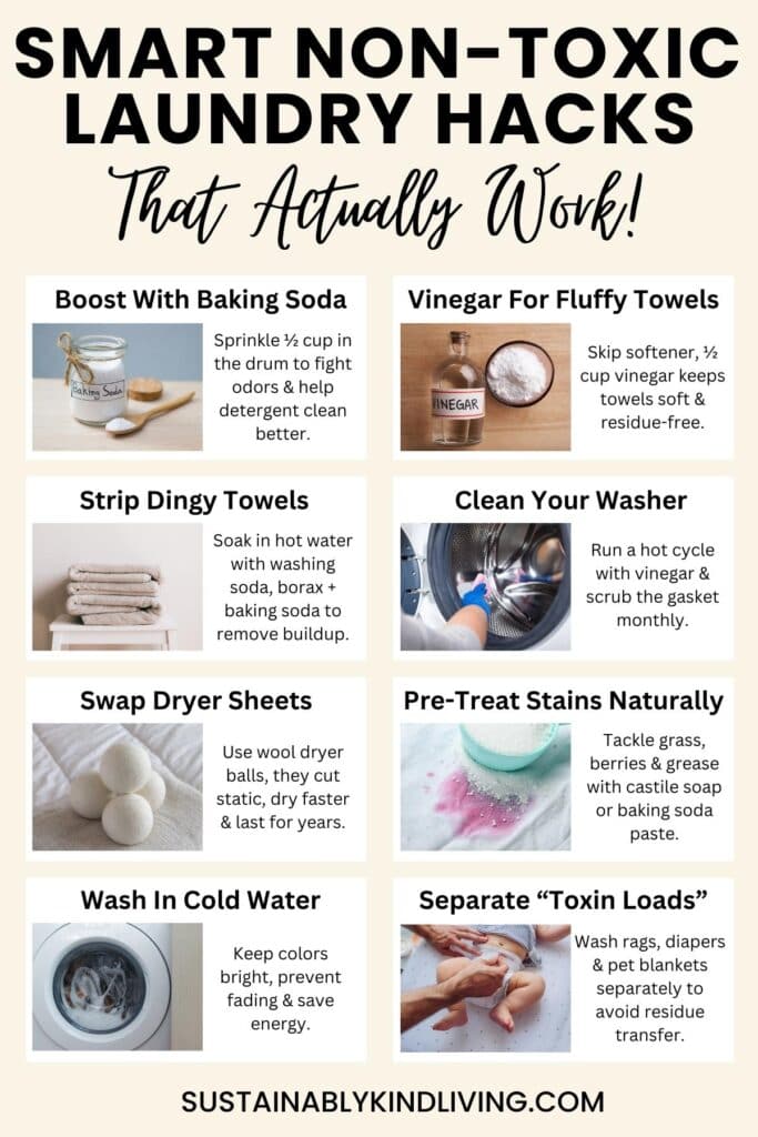Text reading "Smart Non-Toxic Laundry Hacks, That Actually Work", showcasing 8 laundry hacks.