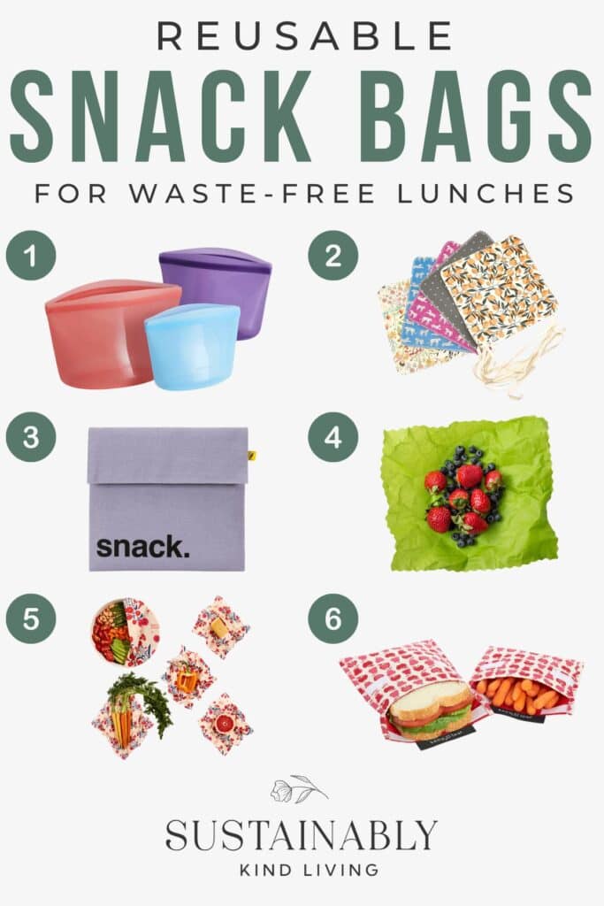 Text reading "Reusable Snack Bags For Waste-Free Lunches", showcasing 6 reusable snack bag options.