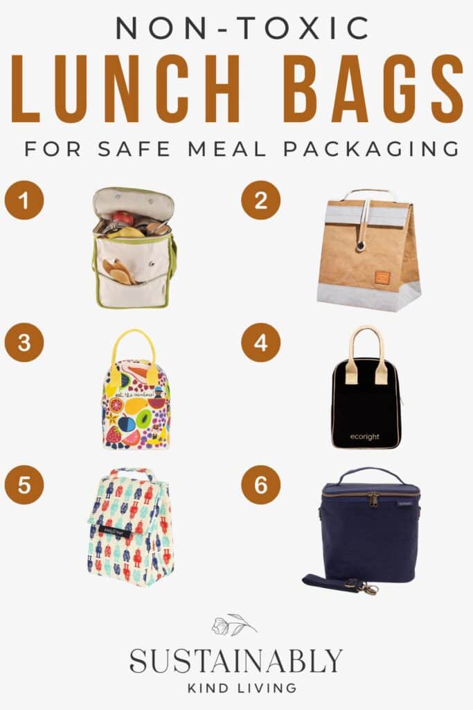 Text reading "Non-Toxic Lunch Bags For Safe Meal Packaging", showcasing 6 non-toxic lunch bag options.
