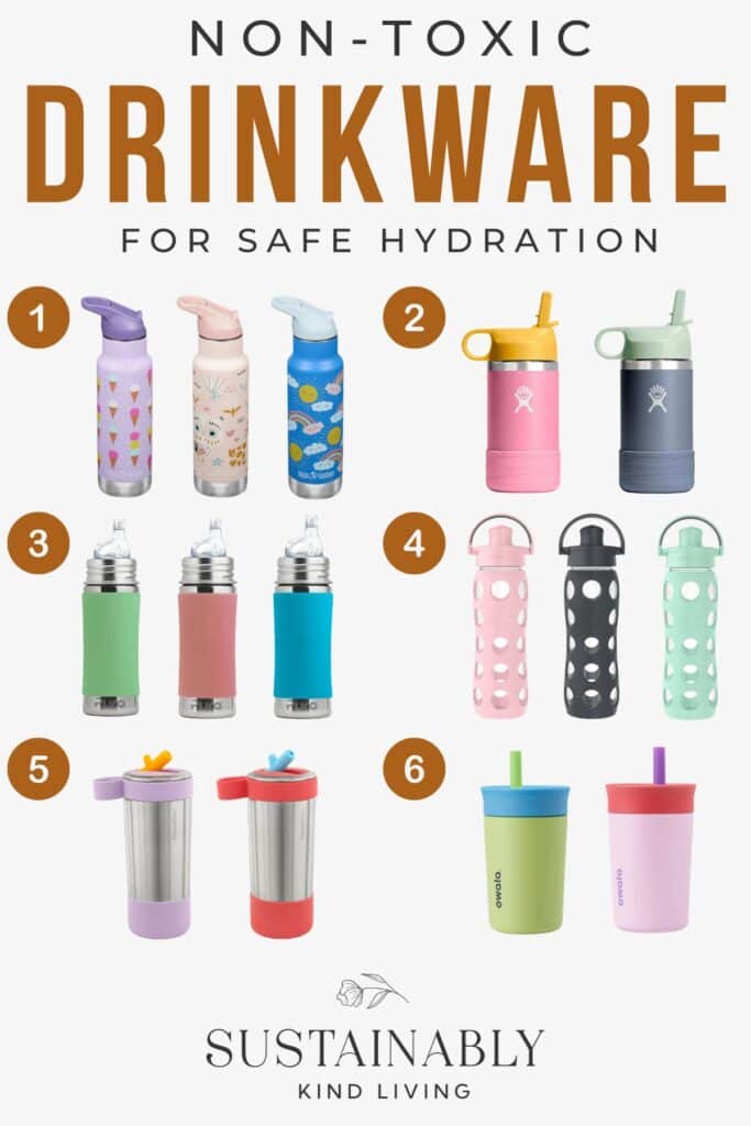 Text reading "Non-Toxic Drinkware For Safe Hydration", showcasing 6 non-toxic drinkware options.
