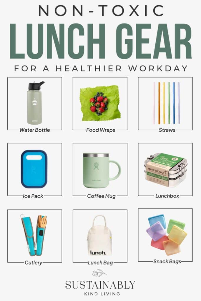 A visual guide to non-toxic lunch gear for a healthier workday. Includes labeled images of a water bottle, food wraps, reusable straws, ice pack, coffee mug, stainless steel lunchbox, reusable cutlery, insulated lunch bag, and colorful silicone snack bags.