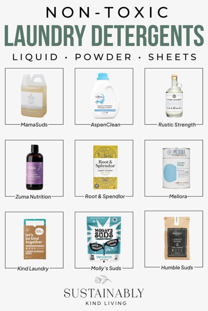 Text reading "Non-Toxic Laundry Detergents, Liquid - Powder - Sheets", showcasing 9 non-toxic laundry detergent brands such as AspenClean, Root & Spendlor, Molly's Suds and more.