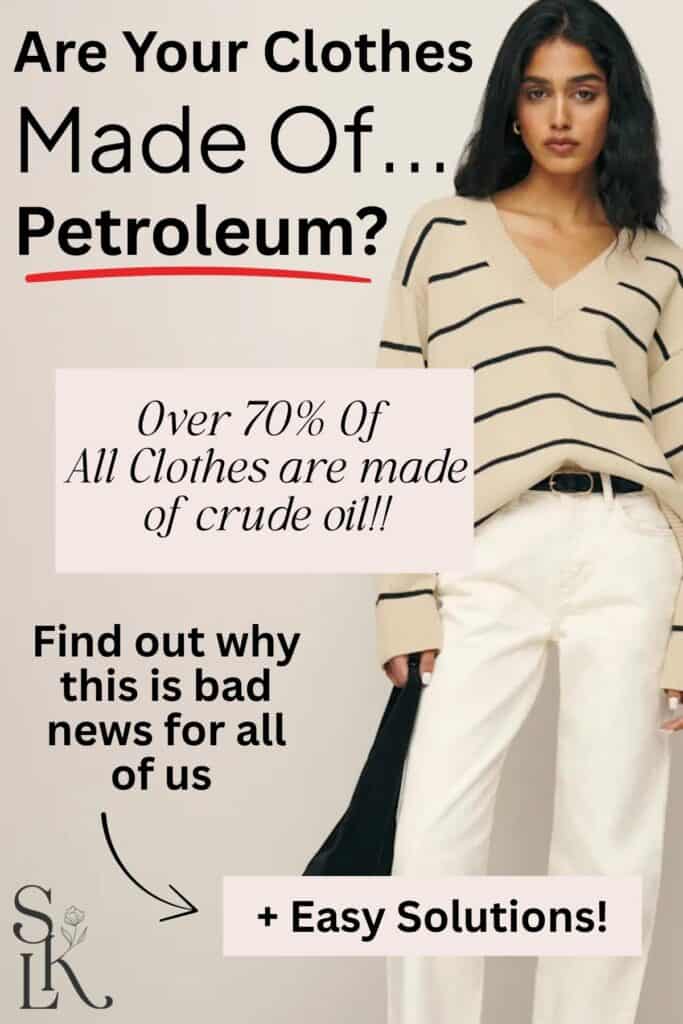 Graphic highlighting clothing label red flags such as high synthetic content, chemical finishes, and misleading “eco” claims.