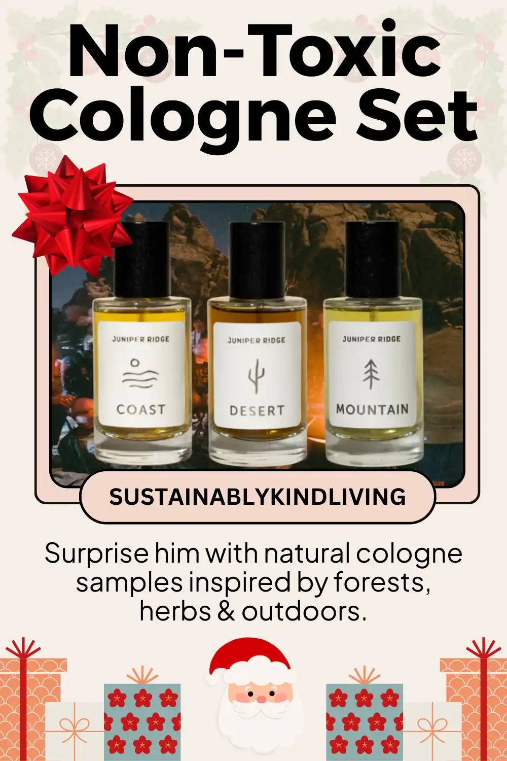 Juniper Ridge cologne discovery set made with natural botanicals, great eco-conscious men’s holiday stocking gift.
