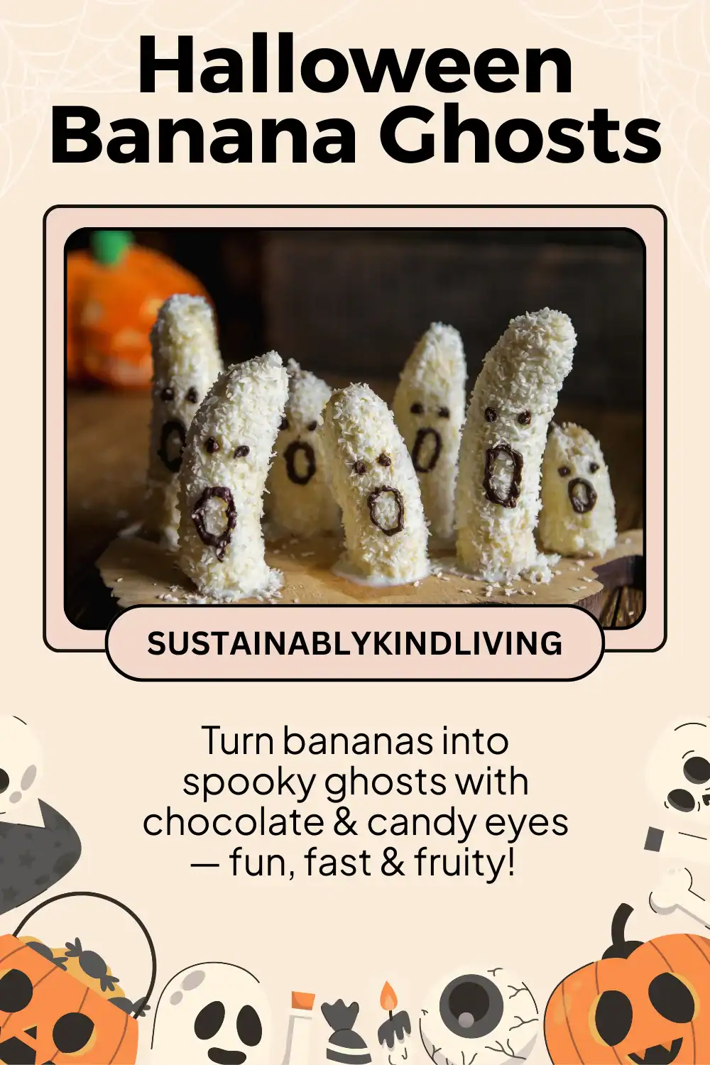 Halloween banana ghosts dipped in chocolate and topped with candy eyes.