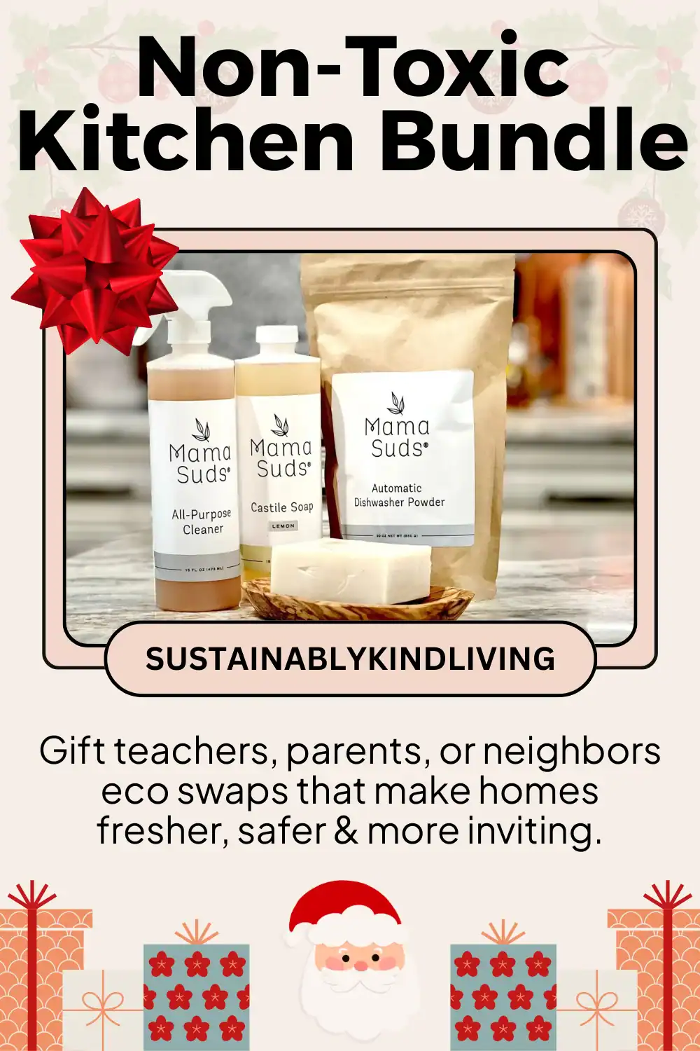 MamaSuds zero-waste kitchen cleaning bundle with safe plant-based ingredients, perfect eco swap Christmas gift for families.