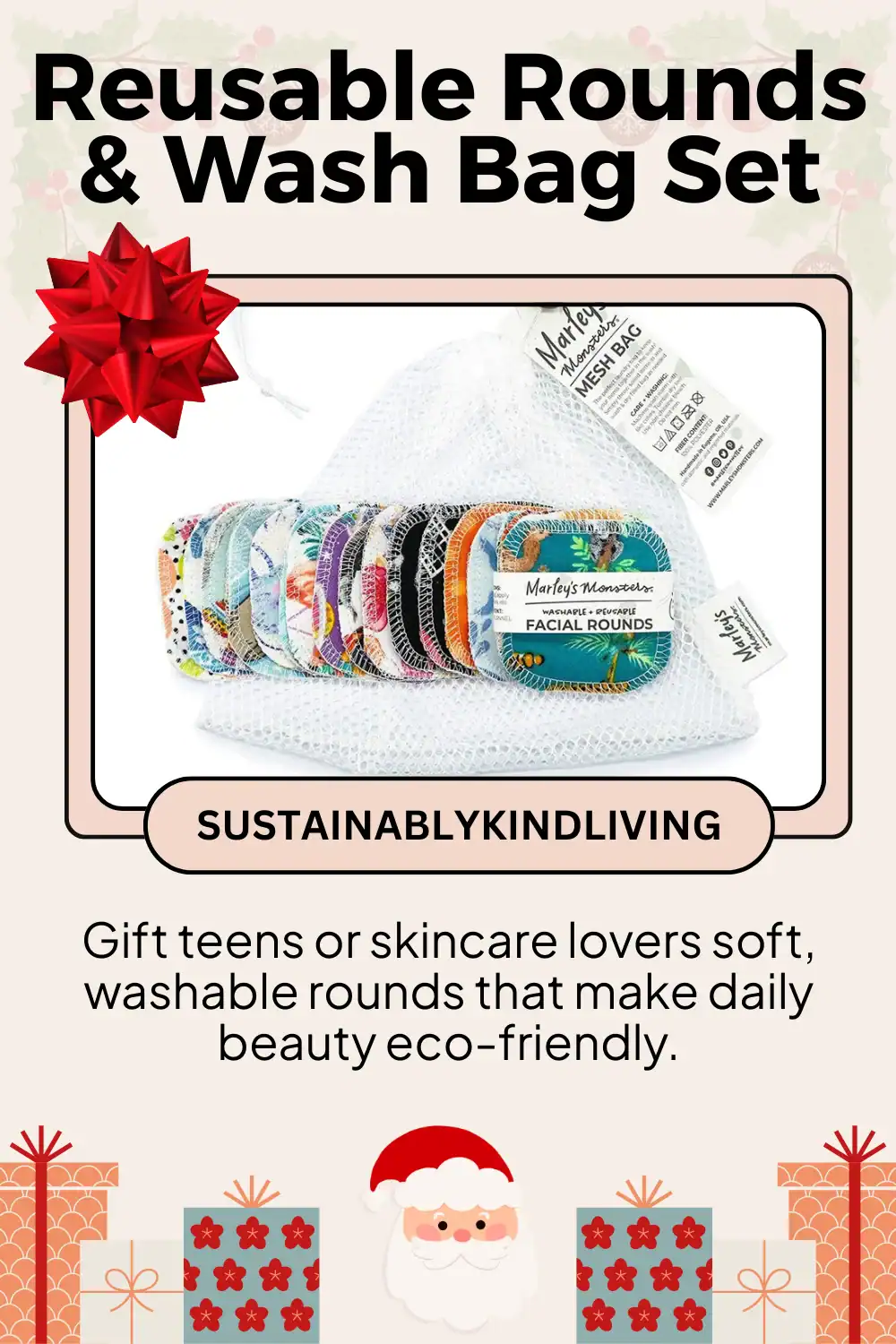 Marley’s Monsters reusable organic cotton rounds with wash bag, perfect sustainable skincare gift for teens and women.