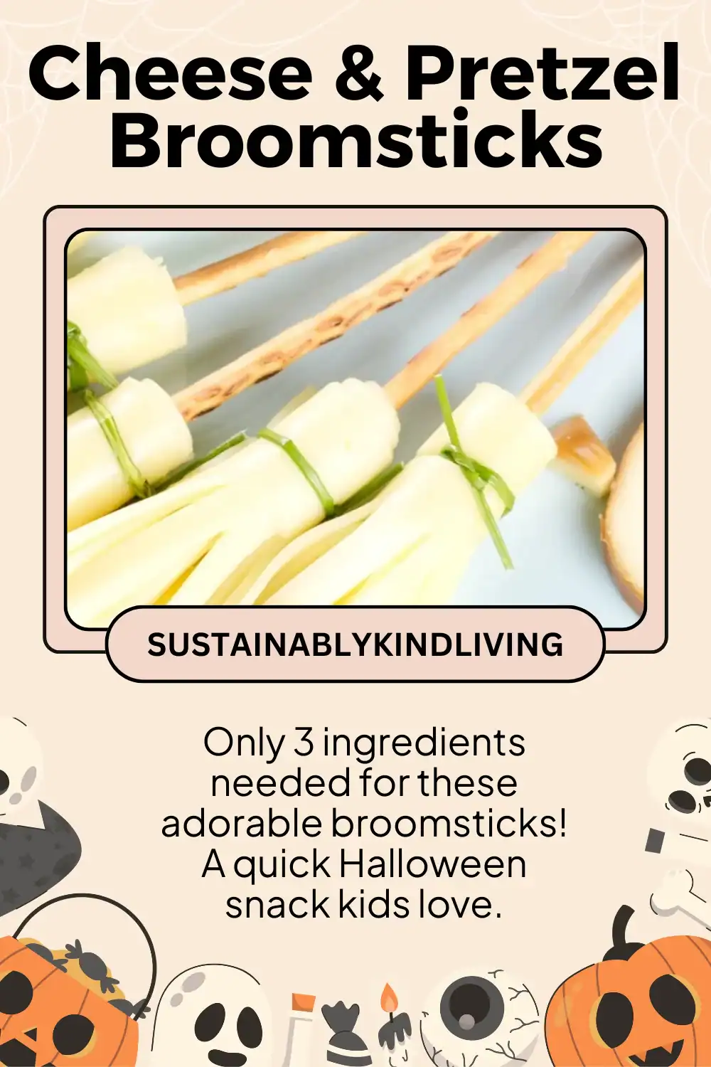 Cheese and pretzel broomsticks tied with chives make for a fun Halloween snack.