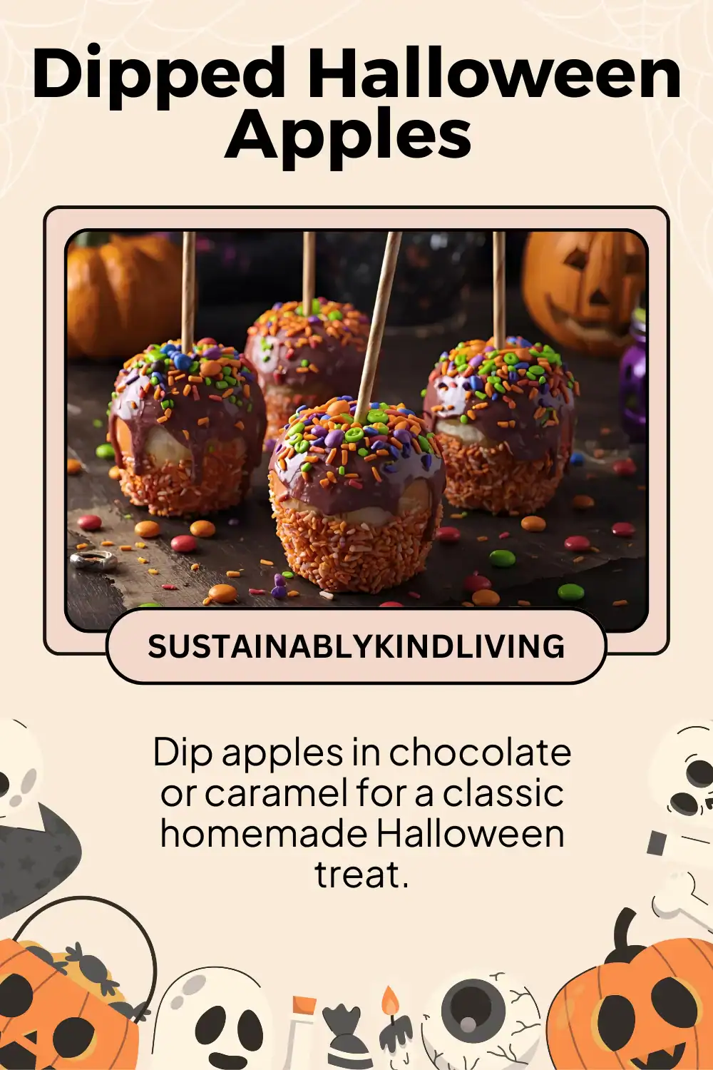 Chocolate or caramel Halloween apples on sticks decorated with spooky toppings.