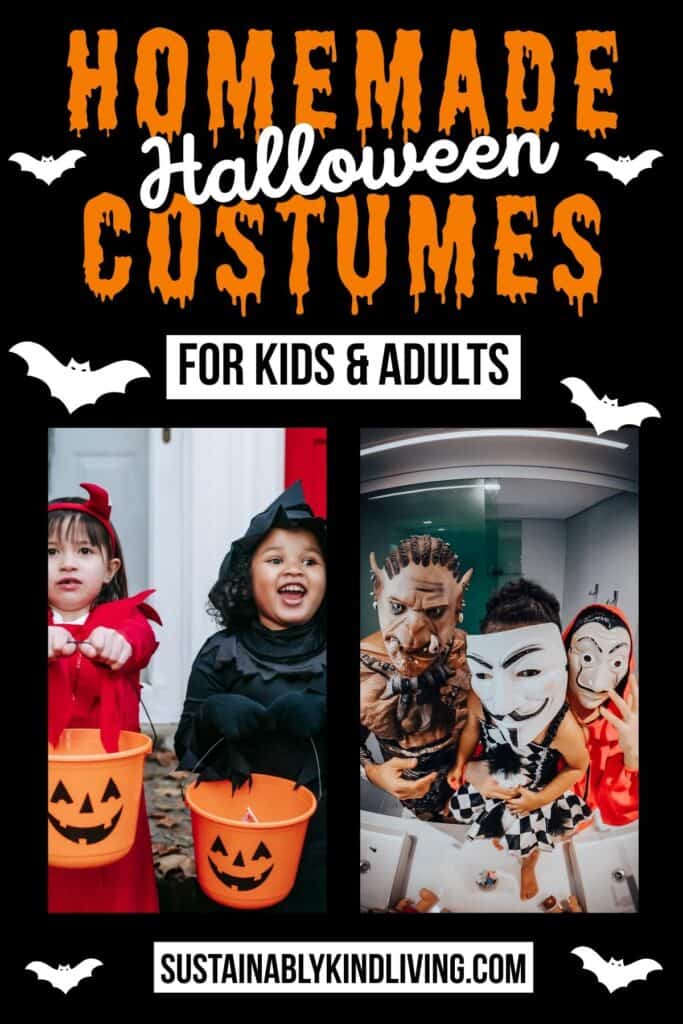 Text reading "Homemade Halloween Costumes For Kids & Adults", showcasing 2 images of people wearing homemade Halloween costumes. 