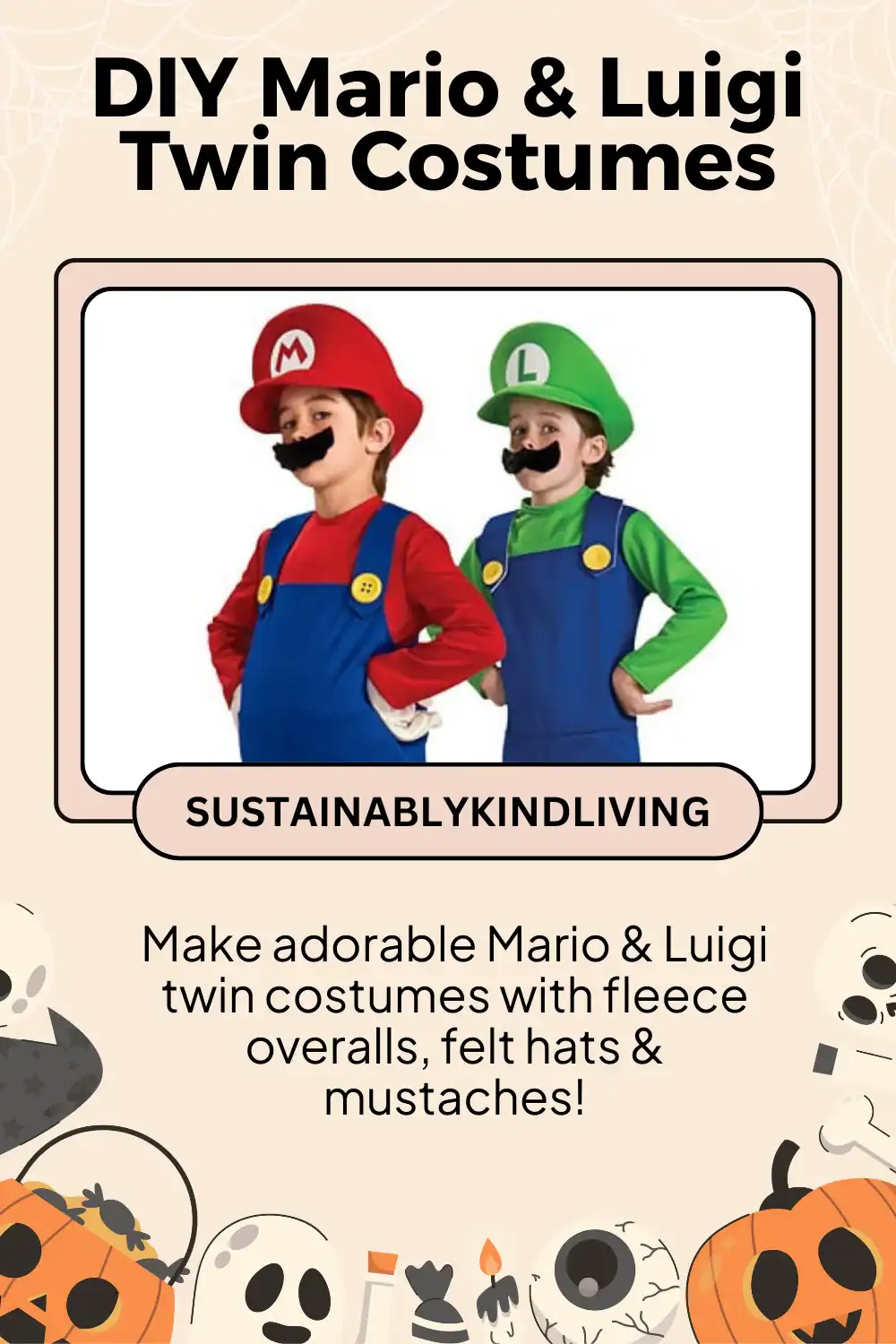 DIY Mario and Luigi twin Halloween costumes with fleece overalls.