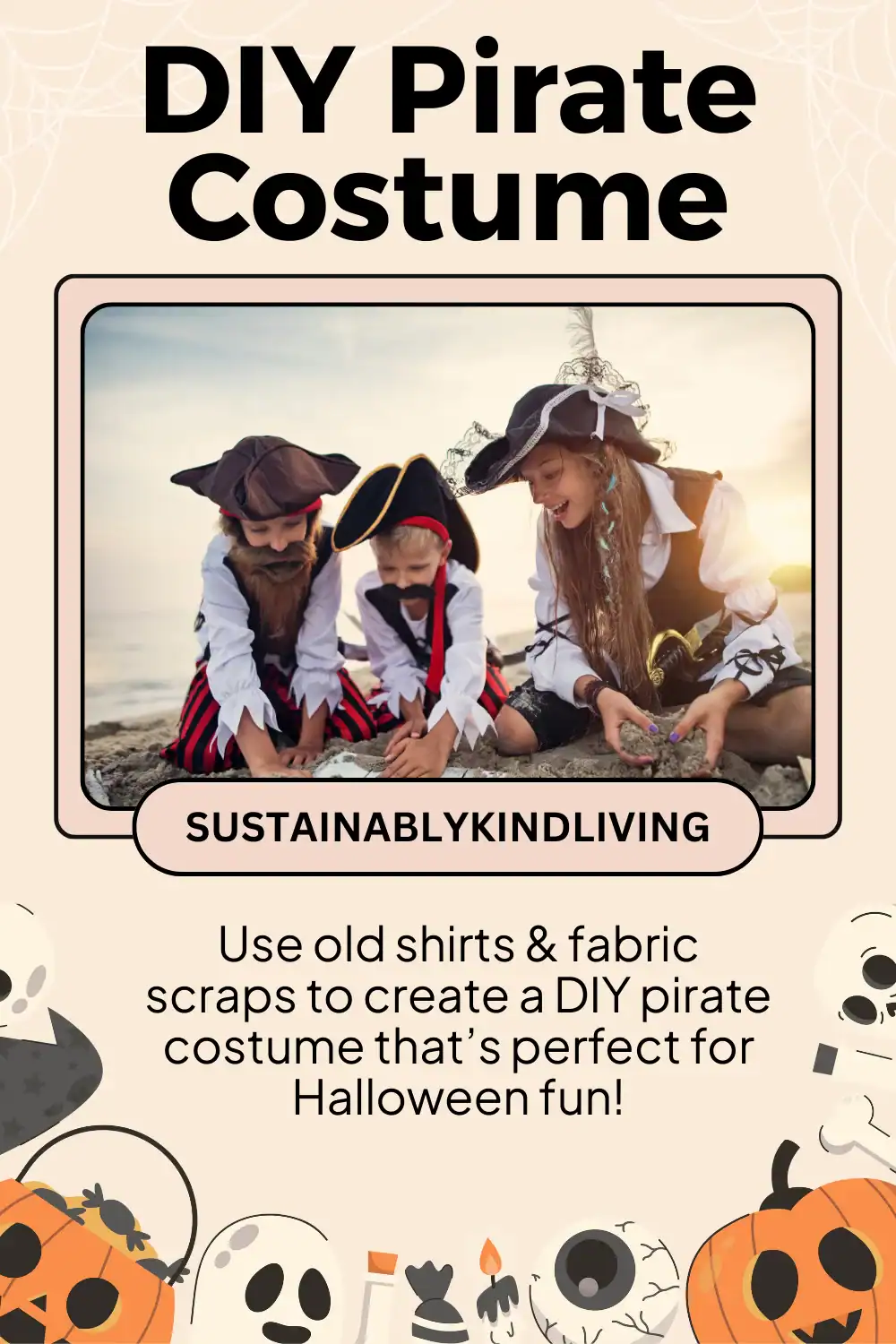 Pirate costume for kids made with old shirt, sash, and eye patch.