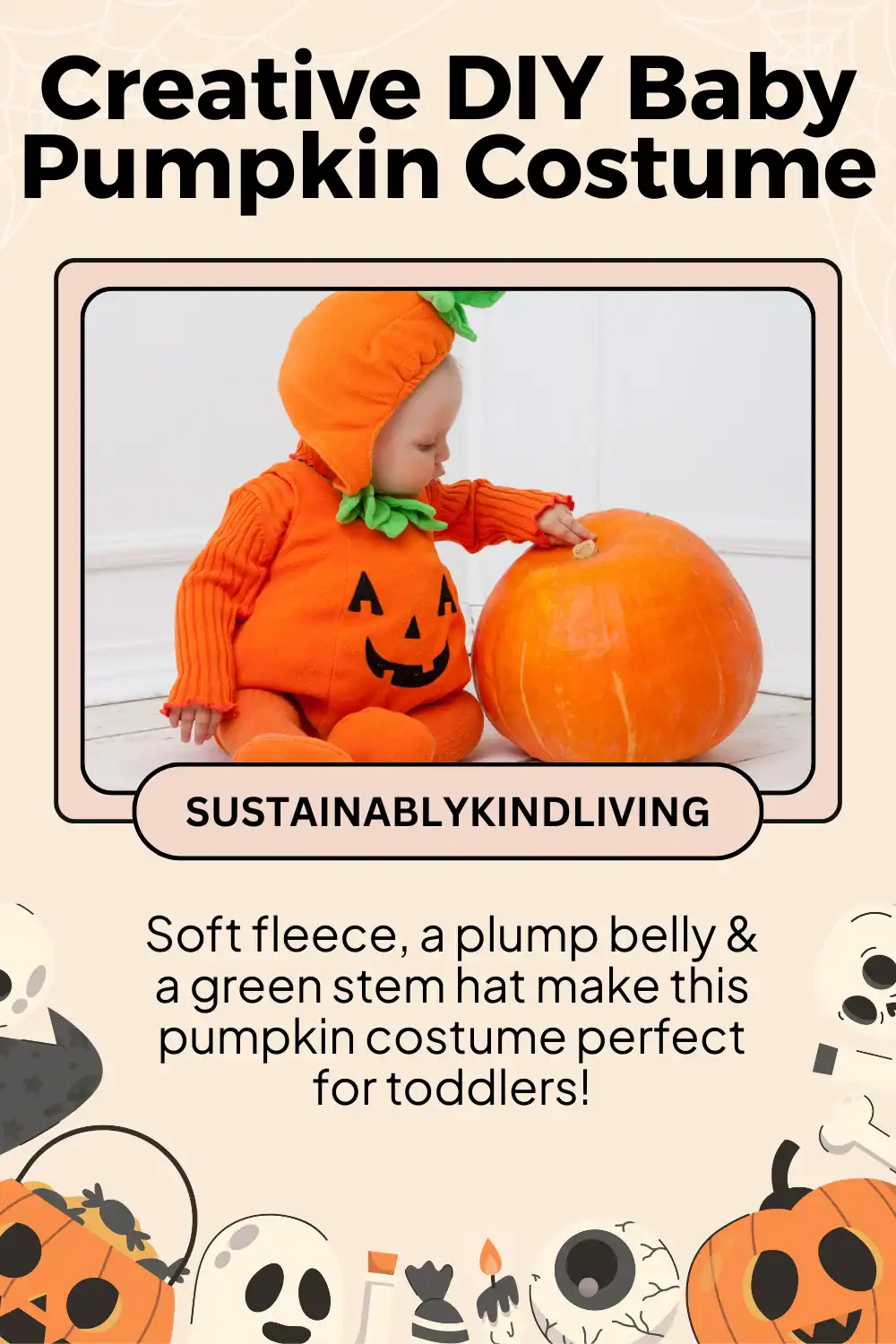 Toddler pumpkin costume made from orange fleece with a green stem hat.