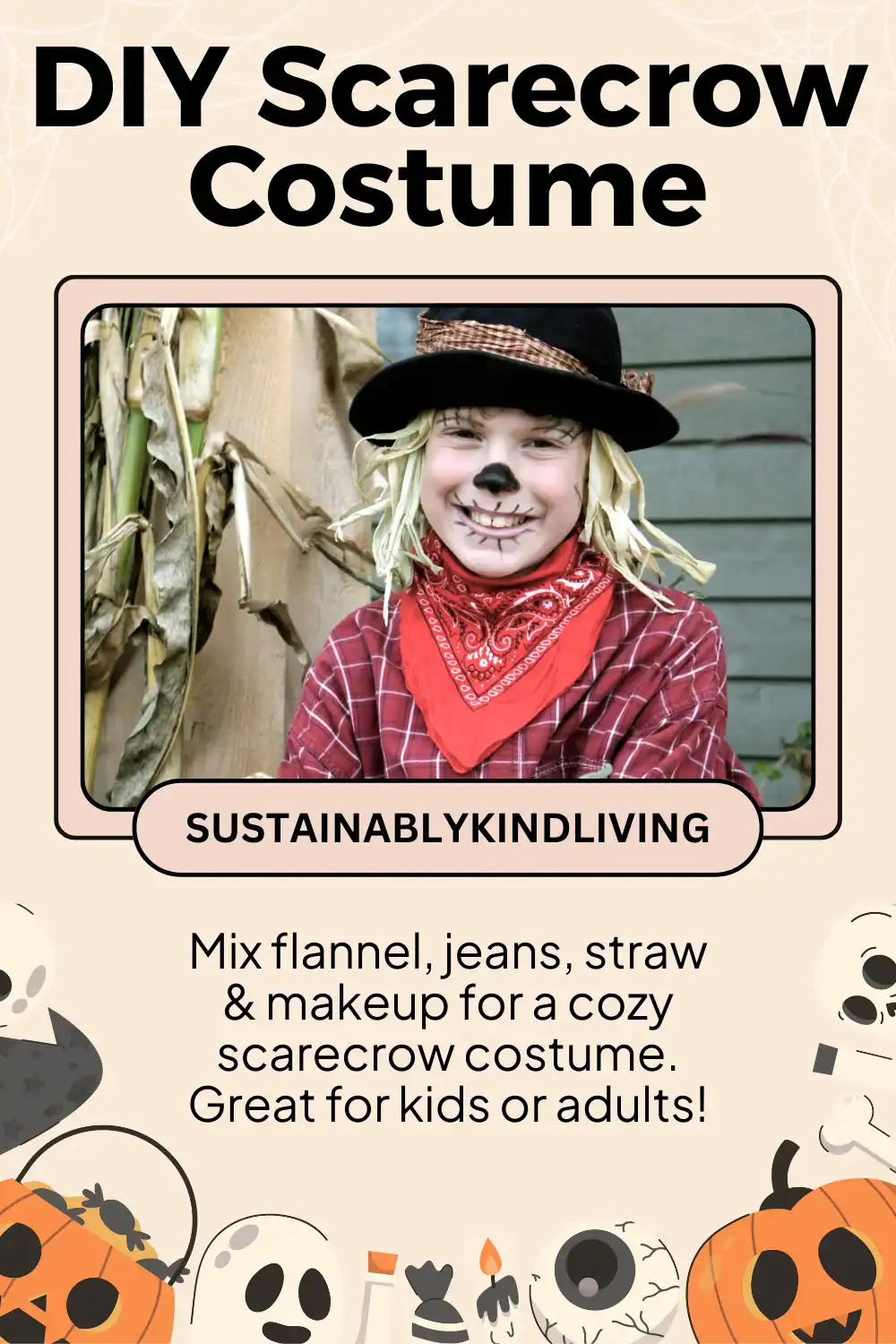 Scarecrow costume made from old clothes, flannel shirt, and straw.