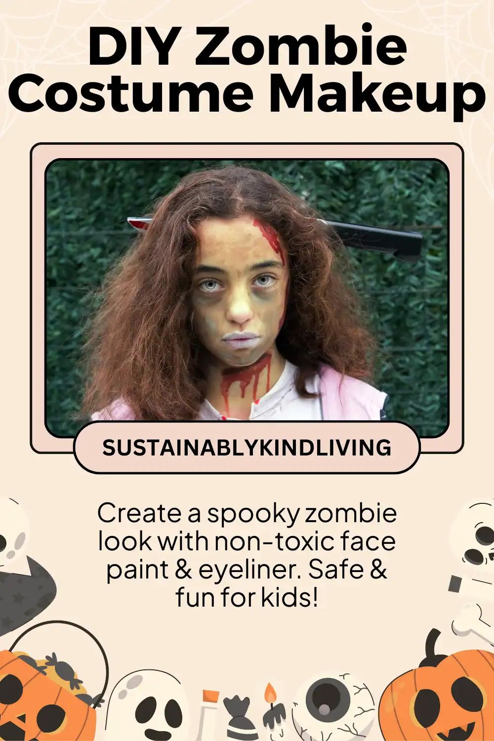 Non-toxic Halloween zombie makeup with face paint and eyeliner.
