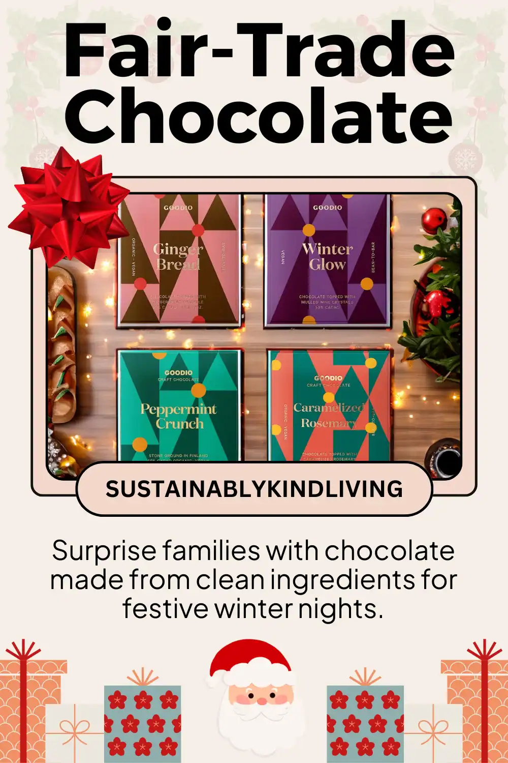 Goodio organic chocolate made with fair-trade cocoa, perfect cozy eco Christmas gift for families and kids.