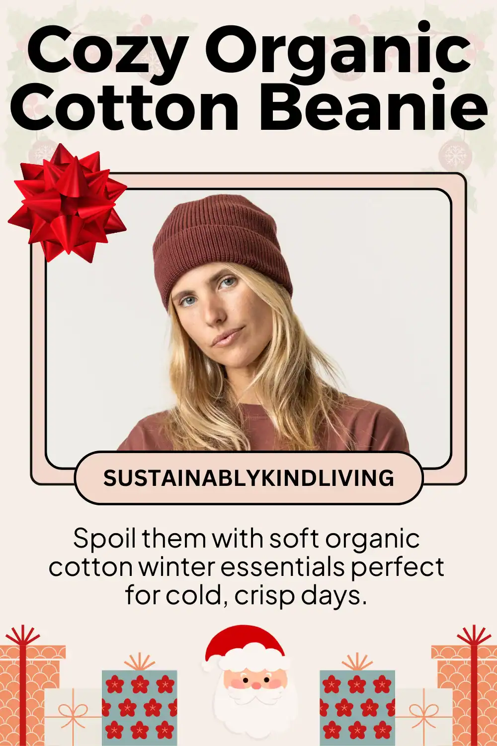 Organic cotton beanie by Maggie's Organics sustainable winter accessories, ideal stocking stuffer.