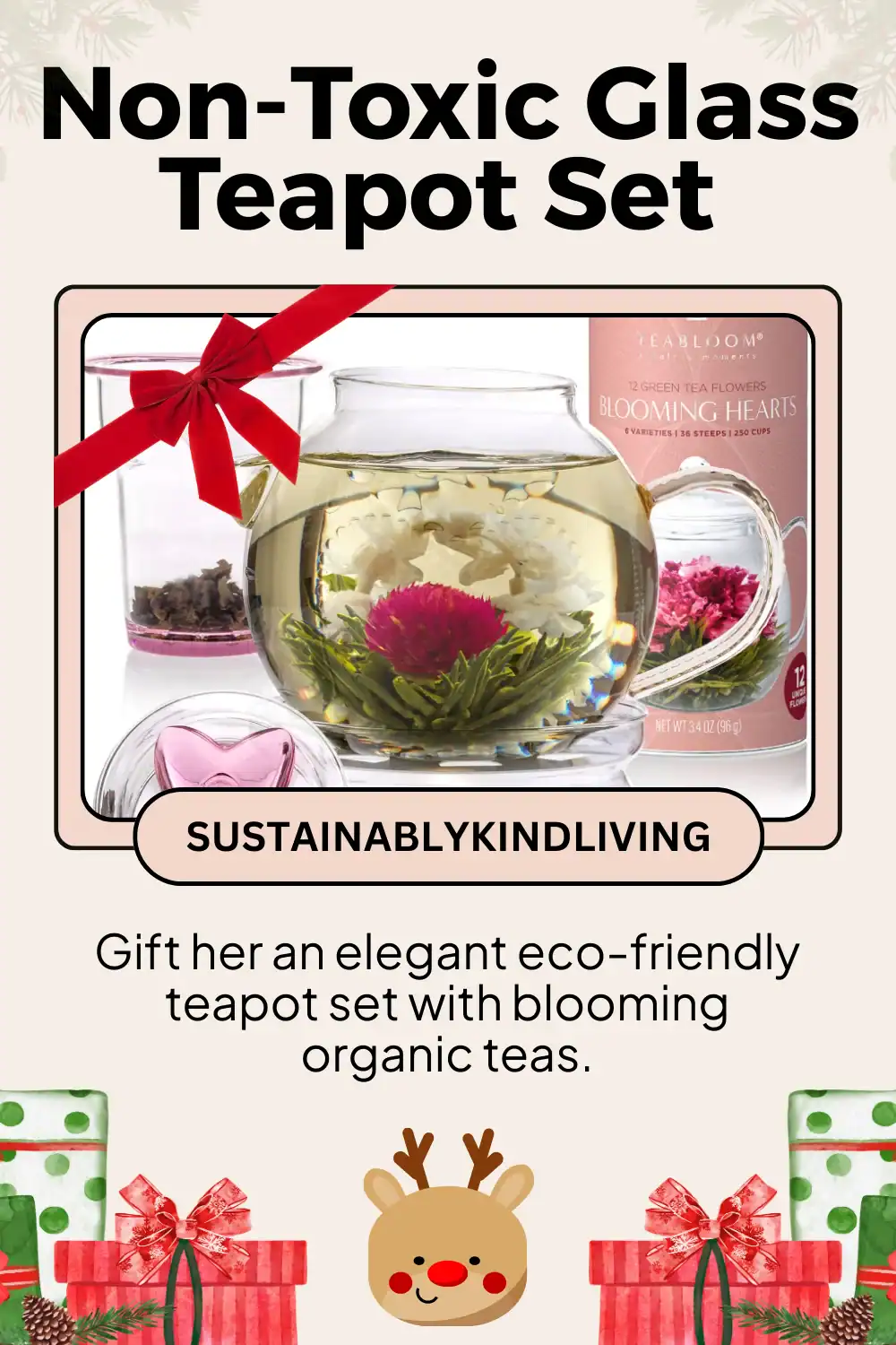TeaBloom glass teapot set with blooming teas, eco-friendly and reusable, a sustainable tea gift for her.