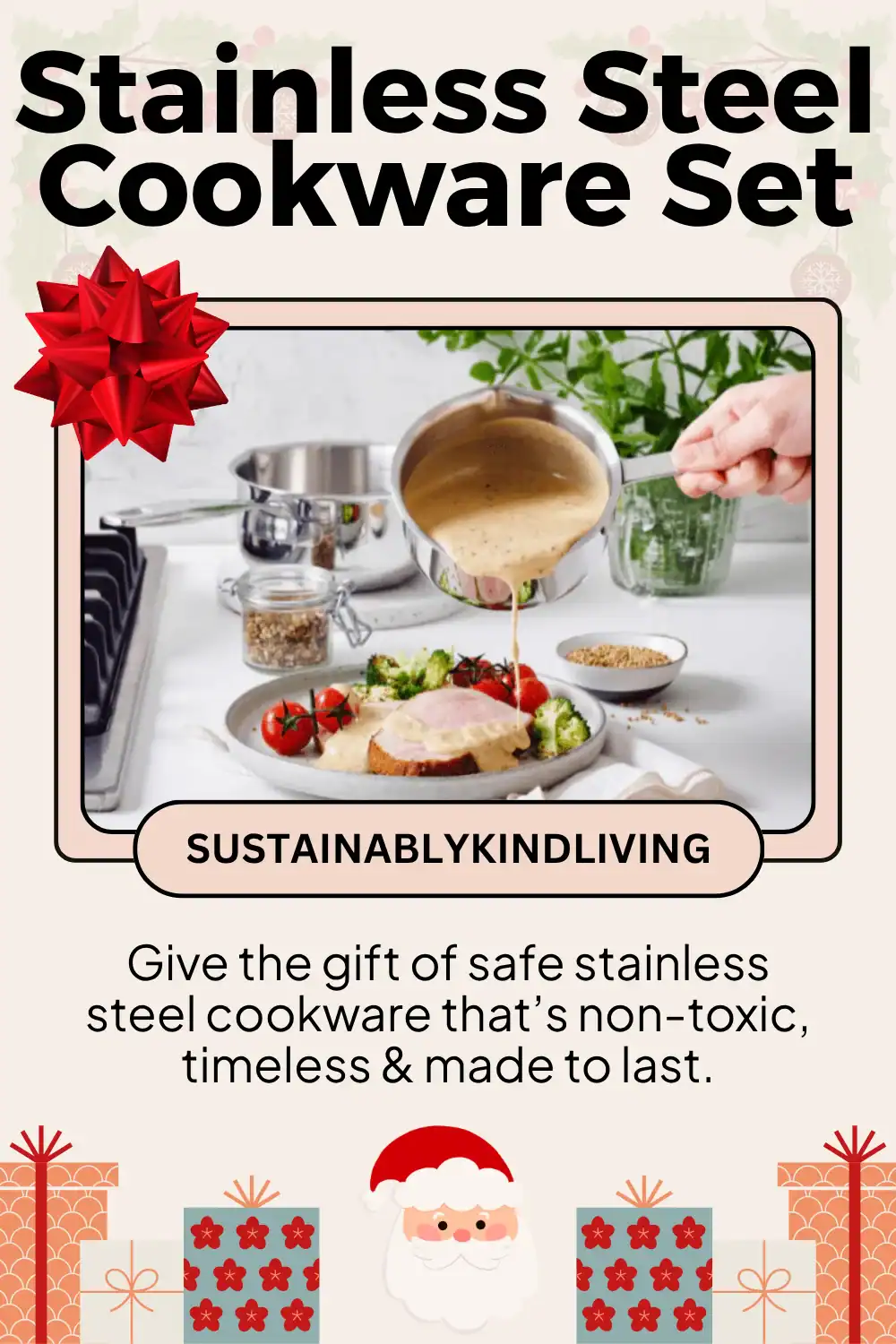 Alva stainless steel cookware set made without PFAS or coatings, perfect non-toxic Christmas gift for home cooks.