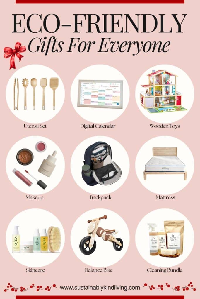 Text reading "Eco-Friendly Gifts For Everyone", showcasing eco-friendly gifts such as skincare, cleaning bundle, digital calendar and more.