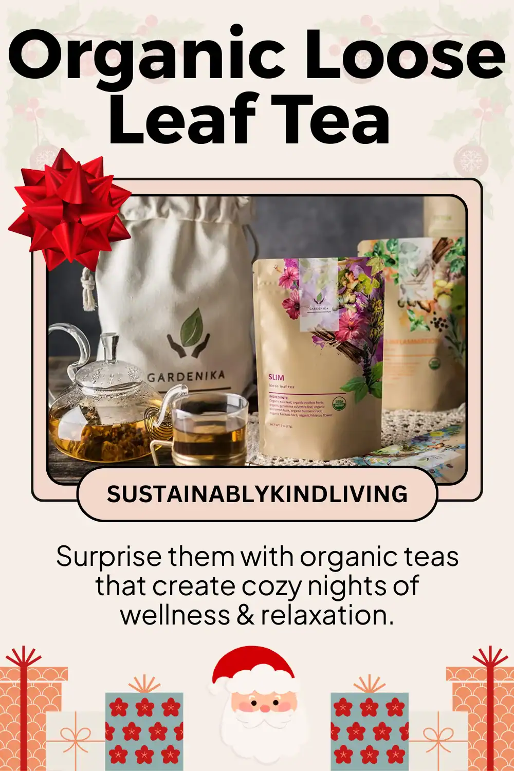 Gardenika organic loose leaf tea sampler, sustainably packaged, perfect eco-friendly holiday stocking stuffer.