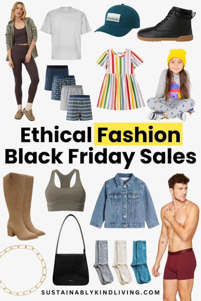Text reading "Ethical Fashion Black Friday Sales", showcasing a collage of ethical fashion essentials that are on sale for Black Friday.