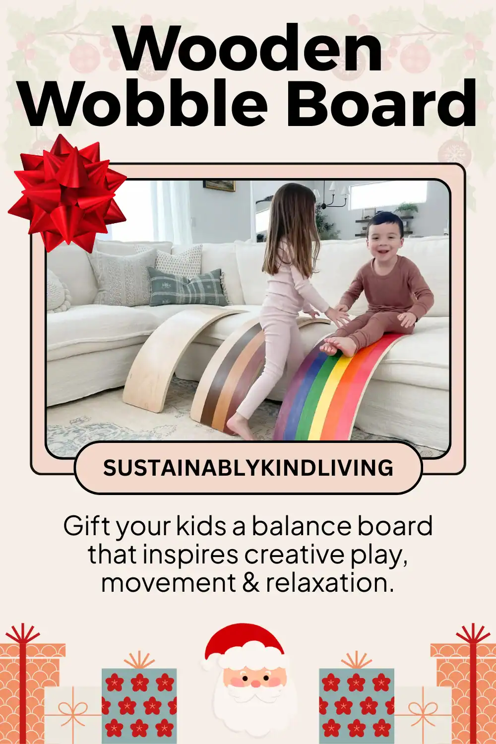 Bunny Hopkins sustainable wooden wobble board with natural finishes, perfect eco-friendly family Christmas gift.