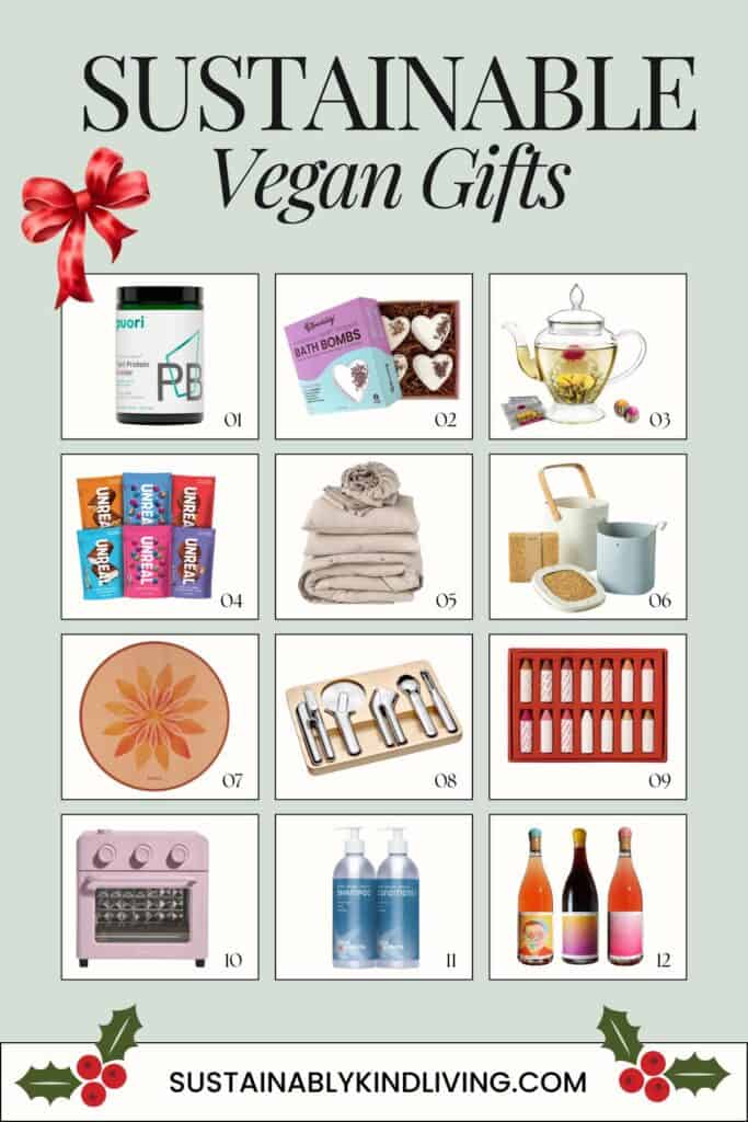 Text reading "Sustainable Vegan Gifts", showcasing 12 sustainable vegan gifts.