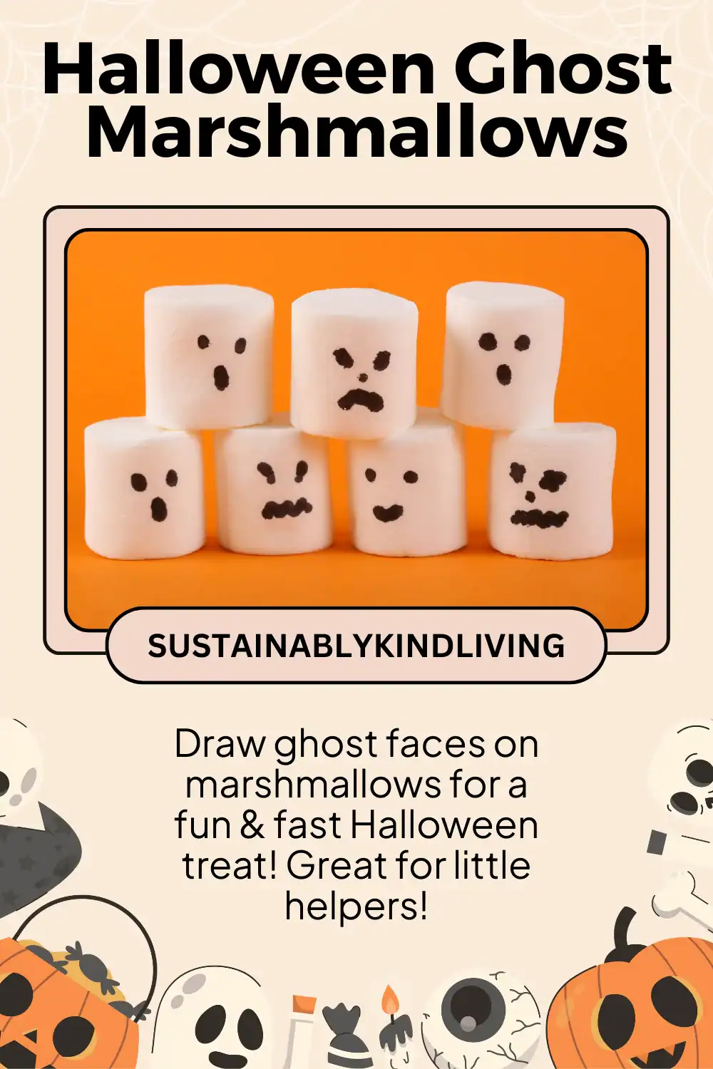 Halloween marshmallow ghosts on sticks decorated with black icing faces.