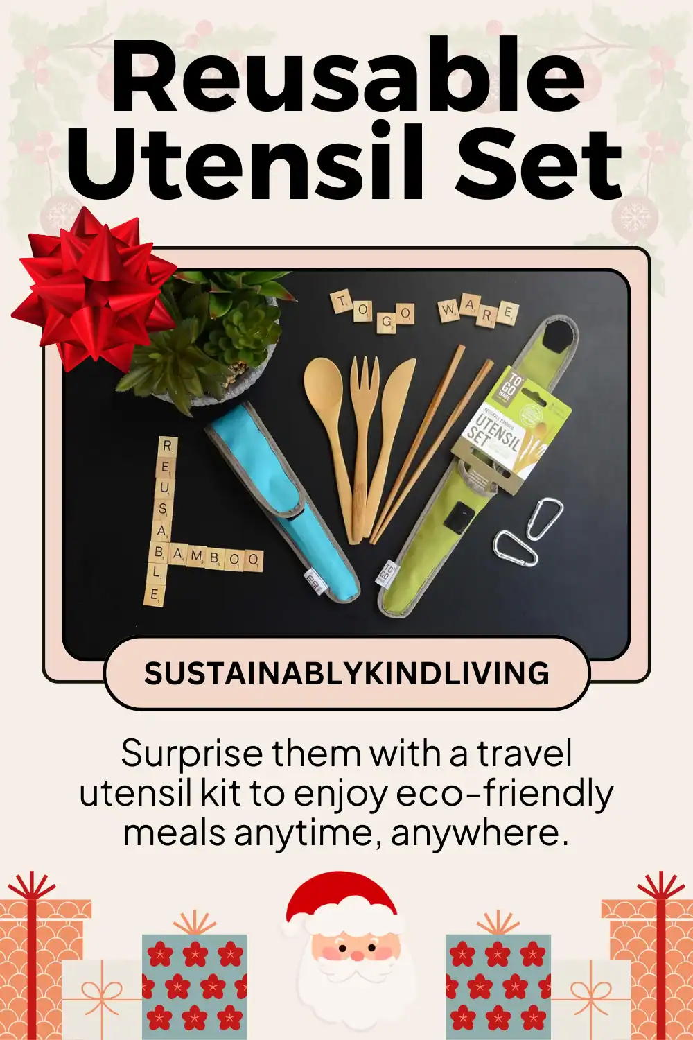 To-Go Ware reusable utensil set made from bamboo, perfect zero-waste holiday stocking stuffer on the go.