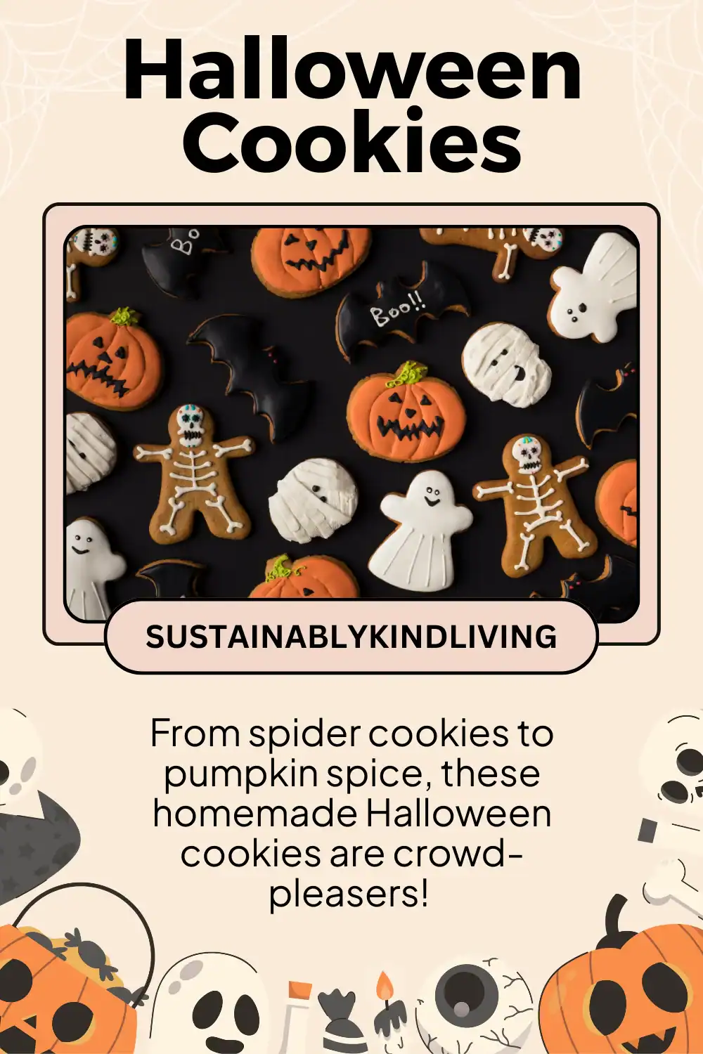 Homemade Halloween cookies decorated with spooky designs and natural ingredients.