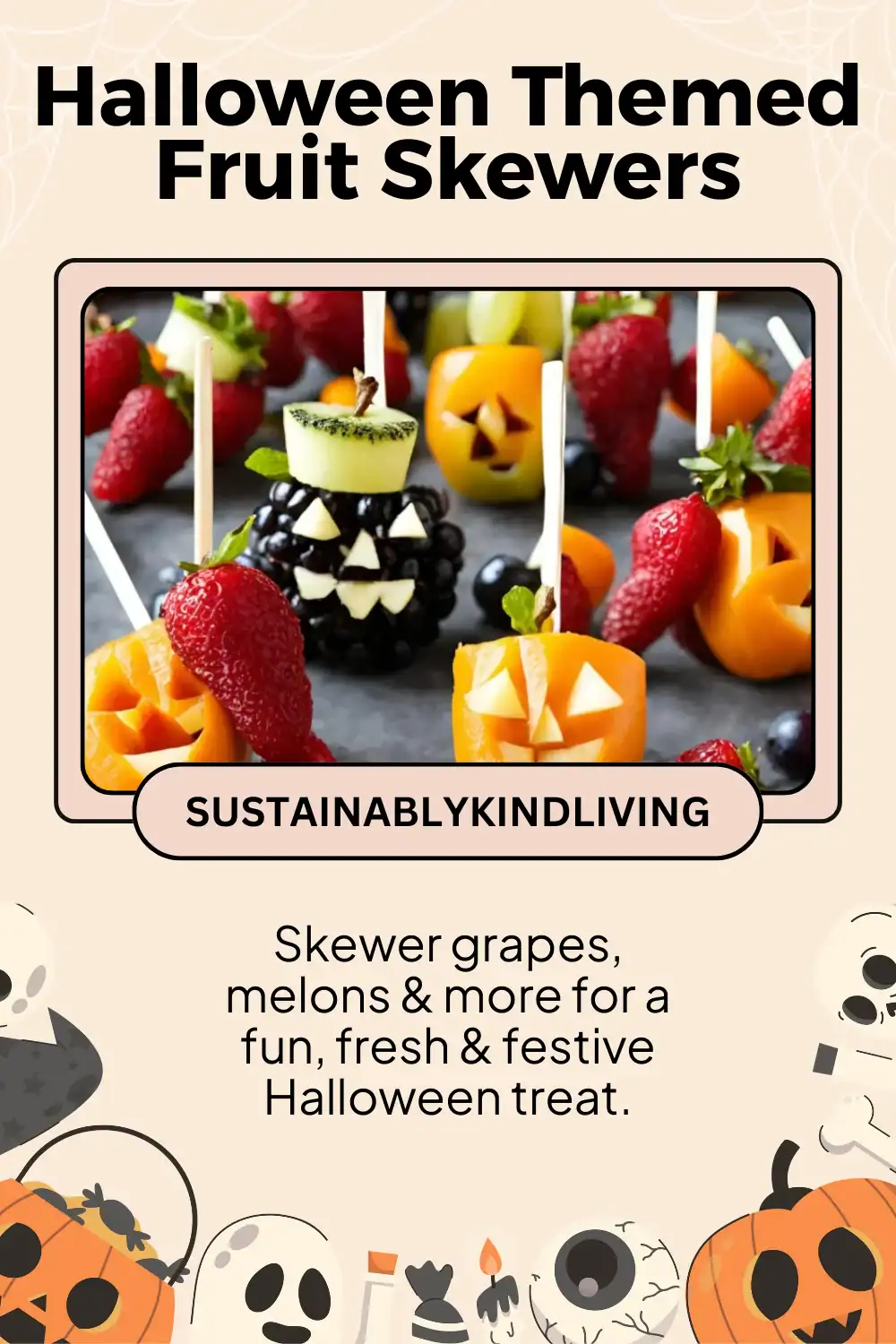 Colorful Halloween fruit skewers shaped like ghosts and pumpkins, using fresh fruit.