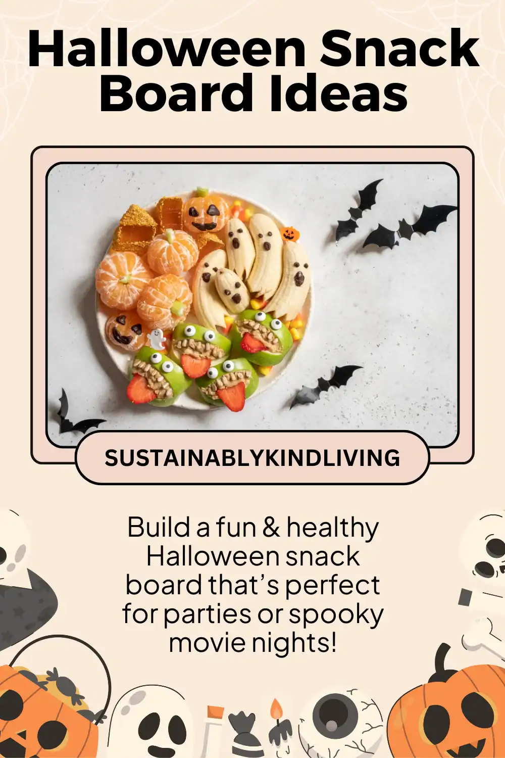 Healthy Halloween snack board filled with fruit, cheese, and spooky snacks for kids.