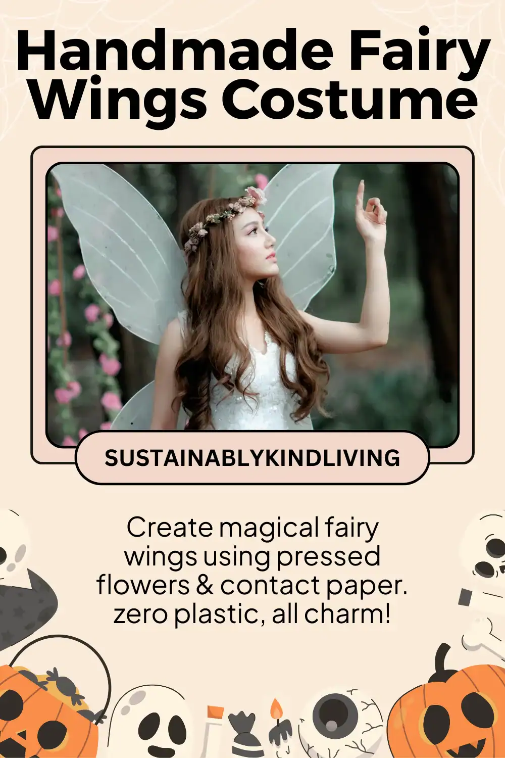 Pressed flower fairy wings made with contact paper and bark.