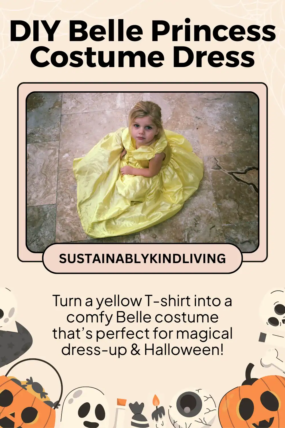 Belle princess costume made from a yellow T-shirt.