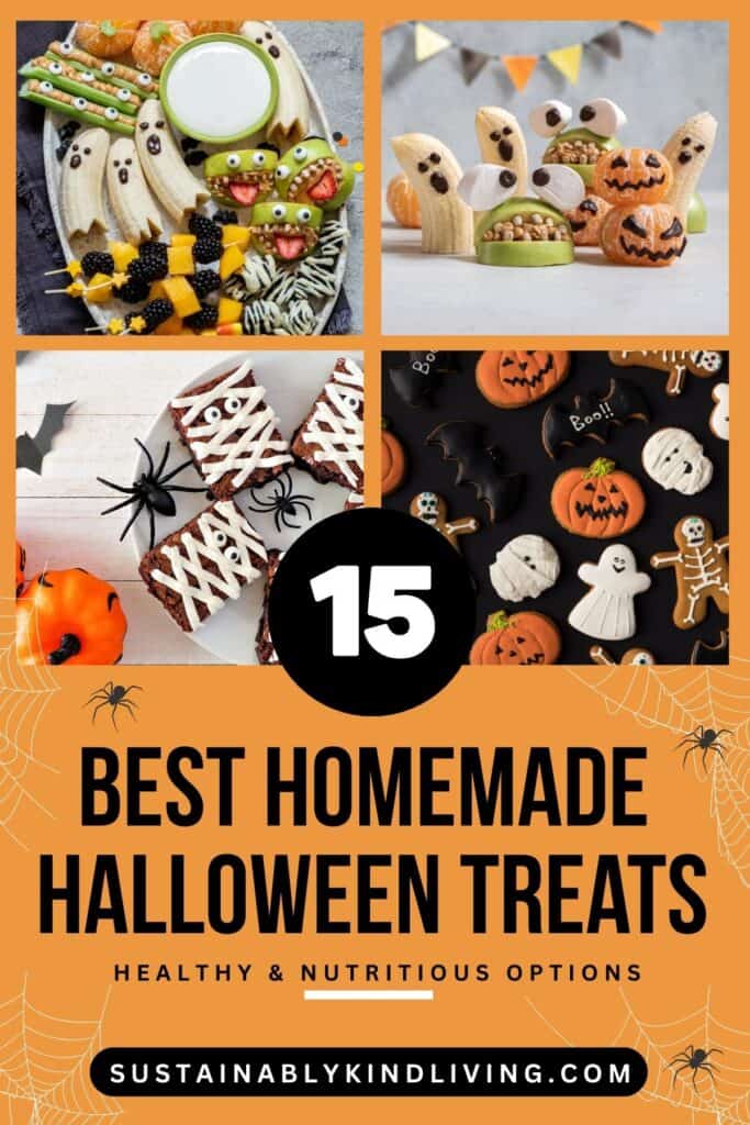 Text reading "15 Best Homemade Halloween Treats", showcasing 4 images of homemade Halloween Treats.